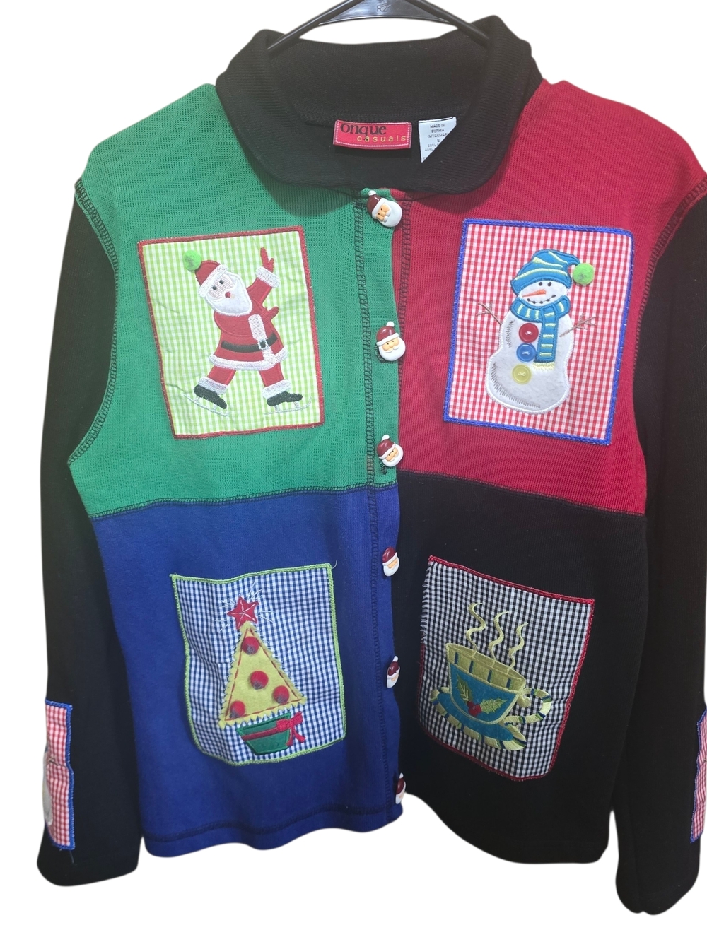 Onque Casuals Black-Collared Holiday Patchwork Top Size S